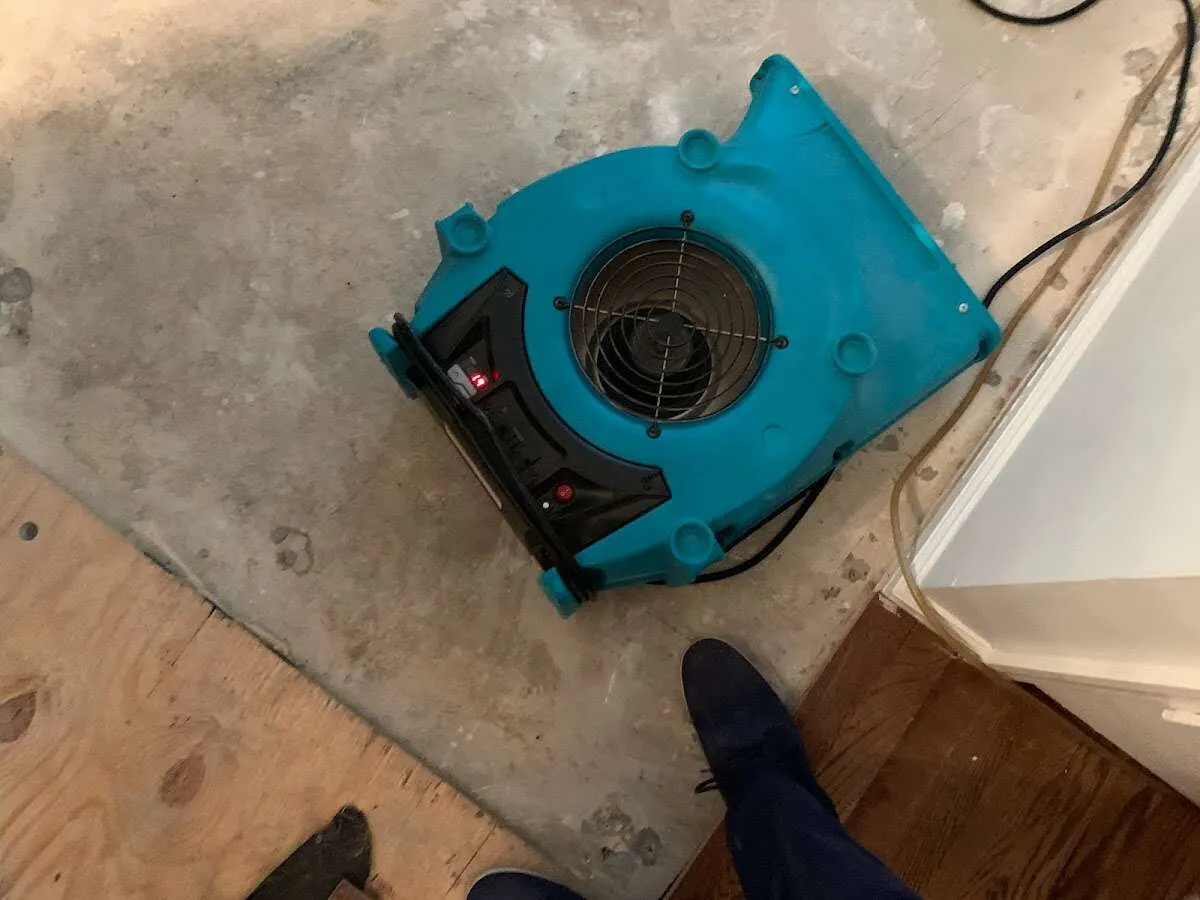 Air mover drying subfloor during Commercial Water Damage Restoration in Dickson City